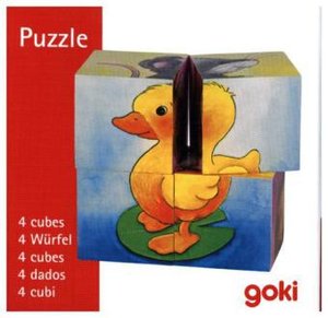 # goki 57056 Würfel-Puzzle Tierkinder 4 Würfel 6 Bilder Holz NEU 