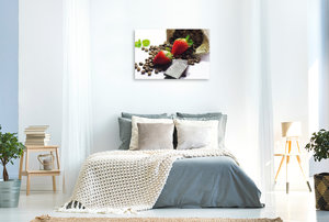 Premium Textil-Leinwand 90 cm x 60 cm quer Rote Erdbeeren mit Schokolade und Kaffee