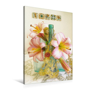 Premium Textil-Leinwand 60 cm x 90 cm hoch Lilien-Stillleben auf einem Marmortisch