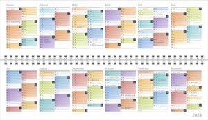 Bunte Wochen Wochenquerplaner 2024. Übersichtlicher Umklapp-Kalender 2024 mit farbig markierten Tagen. Tisch-Kalender für den Schreibtisch.