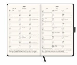 Kombitimer 2023 klein. Schwarzer Terminkalender 2023. Buch-Kalender mit Lesebändchen und Gummiband. Kleiner Taschenkalender zum Planen von Terminen