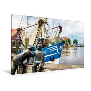 Premium Textil-Leinwand 120 cm x 80 cm quer Neuharlingersiel, Bronzefischer im Hafen