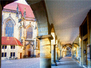 CALVENDO Puzzle Münster - Die typischen Rundbögen am Lambertikirch-Platz, Blick auf Lambertikirche 1000 Teile Puzzle quer