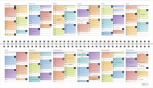 Bunte Wochen Wochenquerplaner 2023. Übersichtlicher Umklapp-Kalender 2023 mit farbig markierten Tagen. Tisch-Kalender für Schreibtisch.