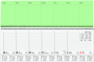 Tischquer-Kalender 2025 36,2x13,6 - 1W/2S grün/weißes Papier - verlängerte Rückwand - grün - Bürokalender 36,2x13,6 - 1 Woche 2 Seiten - Stundeneinteilung 7-20 Uhr - 137-0013-1