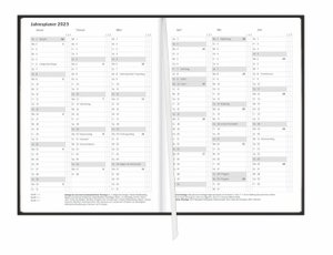 Terminer A6 2023. Schwarzer Terminkalender mit strukturiertem Einband. Wochenplaner mit Zitaten und Lesebändchen. Taschenkalender 2023 zum Planen von Terminen
