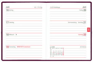 Zettler - Taschenkalender 2025 bordeaux, 8,3x10,7cm, Taschenplaner mit 140 Seiten im flexiblen Kunststoffeinband, Tages- und Wochenzählung, Mondphasen, Wochenübersicht und internationales Kalendarium