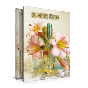 Premium Textil-Leinwand 60 cm x 90 cm hoch Lilien-Stillleben auf einem Marmortisch