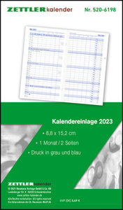Kalender-Ersatzeinlage 2023 - für den Taschenplaner Typ 530 - 8,8x15,2 cm - 1 Monat auf 2 Seiten - Registerschnitt - separates Adressheft - Notizheft - 530-6198