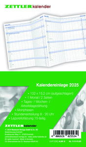 Kalender-Ersatzeinlage 2025 - für den Taschenplaner Leporello Typ 510 - 8,8 x 15,2 cm - 1 Monat auf 2 Seiten - separates Adressheft - 501-6198