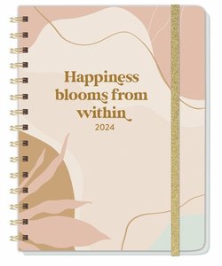 Happiness blooms from within Spiral-Kalenderbuch A5. Taschenkalender 2024 mit Spiralbindung und viel Platz für Termine. Praktischer Buch-Kalender. Mit Gummiband und Stickerbögen.