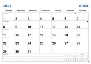 Büro Monatsplaner 2024. Praktischer Wandplaner mit großer Monatsübersicht. Wandkalender DIN A4. Büro-Kalender mit Notizfeld und Schulferien.