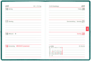 Taschenkalender türkis 2025 - Büro-Kalender 8,3x10,7- 1W/2S - flexibler Kunststoffeinband - 660-1013
