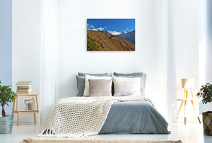 Premium Textil-Leinwand 90 cm x 60 cm quer Blick auf den Mount Everest, Lhotse und Ama Dablam auf dem Weg nach Khumjung