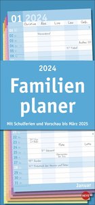 Basic Familienplaner 2024. Praktischer Wandplaner mit 5 Spalten. Familien-Wandkalender mit Schulferien und 3-Monats-Ausblick. Terminkalender 2024.