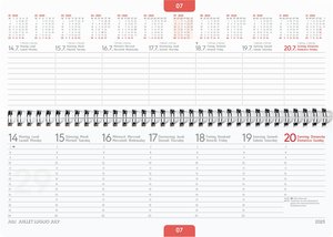 Zettler - Tisch-Querkalender 2025 rot, 29,7x10,5cm, Bürokalender mit 112 Seiten, Monatsübersicht, Notizbereich, Mondphasen, Jahresübersicht, Ringbindung und internationales Kalendarium