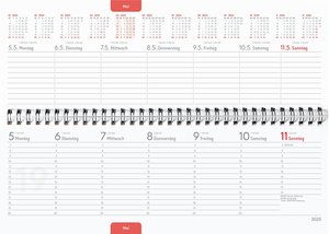 Tisch-Querkalender Papyrus Rot 2025 - Büro-Planer 29,7x10,5 cm - Tisch-Kalender - 1 Woche 2 Seiten - Ringbindung - Zettler