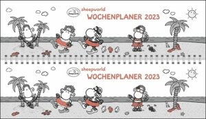 sheepworld Wochenquerplaner 2023. Praktischer Tischquerkalender mit Spiralbindung und niedlichen Schaf-Cartoons. Liebevoll illustrierter Tisch-Kalender.