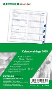 Kalender-Ersatzeinlage 2025 - für den Taschenplaner Typ 530 - 8,8x15,2 cm - 1 Monat auf 2 Seiten - Registerschnitt - separates Adressheft - Notizheft - 530-6198