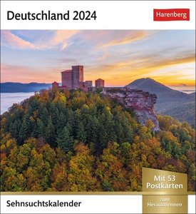Deutschland Sehnsuchtskalender 2024. Reise-Kalender mit 53 hochwertigen Postkarten der schönsten Plätze Deutschlands. Postkartenkalender 2024. 16 x 17,5 cm