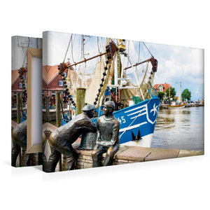 Premium Textil-Leinwand 45 cm x 30 cm quer Neuharlingersiel, Bronzefischer im Hafen