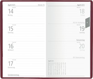 Zettler - Taschenplaner 2025 bordeaux, 9,5x16cm, Taschenkalender mit 112 Seiten in Kunststoffhülle, 1 Woche auf 2 Seiten, separates Adressheft, 8- Wochenübersicht, Mondphasen und deutsches Kalendarium