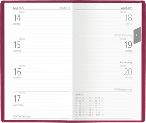 Zettler - Taschenplaner 2025 rosa, 9,5x16cm, Taschenkalender mit 112 Seiten in Kunststoffhülle, 1 Woche auf 2 Seiten, separates Adressheft, 8- Wochenübersicht, Mondphasen und deutsches Kalendarium