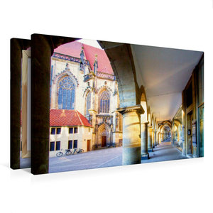 Premium Textil-Leinwand 75 cm x 50 cm quer Münster - Die typischen Rundbögen am Lambertikirch-Platz, Blick auf Lambertikirche
