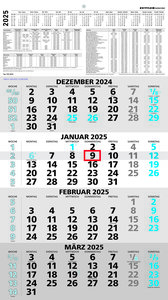 4-Monatskalender blau 2025 - 33x45 - mit Kopftafel - Datumsschieber -    959-0015-1