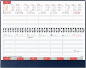 Tisch-Querkalender Balacron blau 2025 - Büro-Planer 29,7x13,5 cm - mit Registerschnitt - Tisch-Kalender - verlängerte Rückwand - 1 Woche 2 Seiten