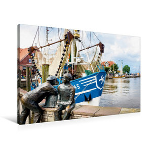 Premium Textil-Leinwand 90 cm x 60 cm quer Neuharlingersiel, Bronzefischer im Hafen
