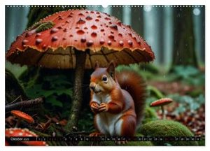 Rote Eichhörnchen - zauberhaft anders mit KI (hochwertiger Premium Wandkalender 2025 DIN A2 quer), Kunstdruck in Hochglanz