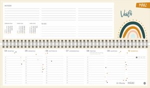 Design Wochenquerplaner 2024. Wochenkalender in frischen Farben zur Übersicht bei der Planung aller wichtigen Termine. Tischkalender für Büro und zu Hause mit Platz für Notizen.