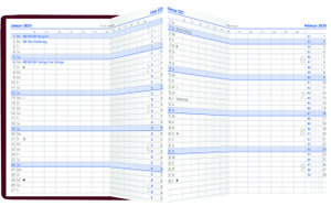 Taschenplaner Leporello PVC bordeaux 2025 - Bürokalender 9,5x16 cm - 1 Monat auf 2 Seiten - separates Adressheft - faltbar - Notizheft - 510-1011