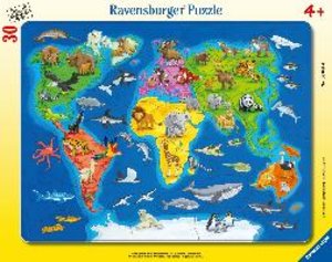 Ravensburger Kinderpuzzle - 06641 Weltkarte mit Tieren - Rahmenpuzzle für Kinder ab 4 Jahren, mit 30 Teilen
