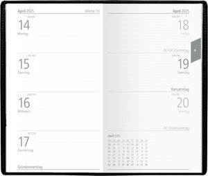 Zettler - Taschenplaner 2025 schwarz, 9,5x16cm, Taschenkalender mit 112 Seiten, 1 Woche auf 2 Seiten, separates Adressheft, Wochenzählung, 8-Wochenübersicht, Mondphasen und deutsches Kalendarium