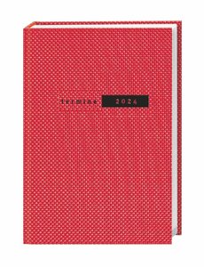 Terminer A6 2024. Roter Terminkalender mit strukturiertem Einband. Wochenplaner mit Zitaten und Lesebändchen. Taschenkalender 2024 zum Planen von Terminen.