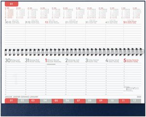 Zettler - Tisch-Querkalender Balacron 2025 blau, 29,7x10,5cm, Bürokalender mit 112 Seiten, Monatsübersicht, Notizteil, Mondphasen, Jahresübersicht, Ringbindung und internationales Kalendarium