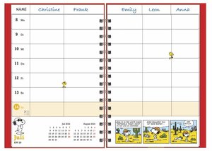 Peanuts Familienplaner Buch A5 2024. Familienkalender mit 5 Spalten. Liebevoll illustrierter Buch-Kalender mit Einstecktasche und Schulferien. Terminplaner mit 160 Seiten.