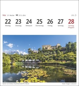 Südtirol Sehnsuchtskalender 2023. Kleiner Kalender mit Urlaubsfeeling für den Schreibtisch. Südtirols schönste Ausblicke in einem Postkarten-Fotokalender. Auch zum Aufhängen.