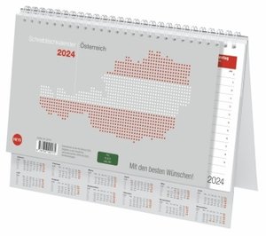 Schreibtischkalender Österreich 2024. Tischkalender zum Aufstellen. Klappkalender mit österreichischen Feiertagen und Schulferien. 29 x 21 cm.