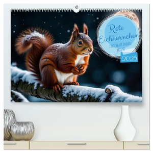 Rote Eichhörnchen - zauberhaft anders mit KI (hochwertiger Premium Wandkalender 2025 DIN A2 quer), Kunstdruck in Hochglanz