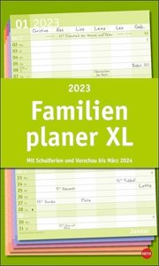 Basic Familienplaner XL 2023. Familienkalender mit 6 Spalten. Praktischer Familien-Wandkalender mit Schulferien. Extra breiter Terminkalender. 27x45 cm.