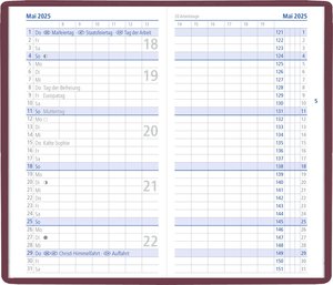 Zettler - Taschenplaner 2025 bordeaux, 9,5x16cm, Taschenkalender mit 32 Seiten in Kunststoffhülle, 1 Monat auf 2 Seiten, separates Adressheft, Wochenzählung, Mondphasen und deutsches Kalendarium