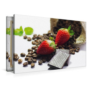 Premium Textil-Leinwand 90 cm x 60 cm quer Rote Erdbeeren mit Schokolade und Kaffee