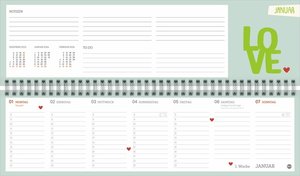 Design Wochenquerplaner 2024. Wochenkalender in frischen Farben zur Übersicht bei der Planung aller wichtigen Termine. Tischkalender für Büro und zu Hause mit Platz für Notizen.