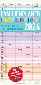 Familienplaner Farbenfroh mit 4 Spalten für 18 Monate 2024 - Familien-Timer 22x45 cm - Offset-Papier - mit Ferienterminen - Wand-Planer - Alpha Edition