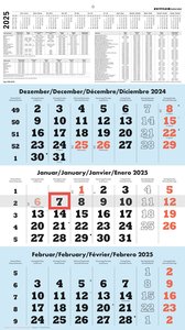 3-Monatskalender blau 2025 - 33x45 - mit Kopftafel - Datumsschieber - 958-0015