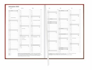 Terminer A5 2023. Roter Terminkalender mit geprägtem Kunstledereinband. Buch-Kalender mit praktischen Infos und Zitaten. Taschenkalender 2023 zum Planen von Terminen