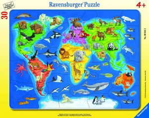 Ravensburger Kinderpuzzle - 06641 Weltkarte mit Tieren - Rahmenpuzzle für Kinder ab 4 Jahren, mit 30 Teilen